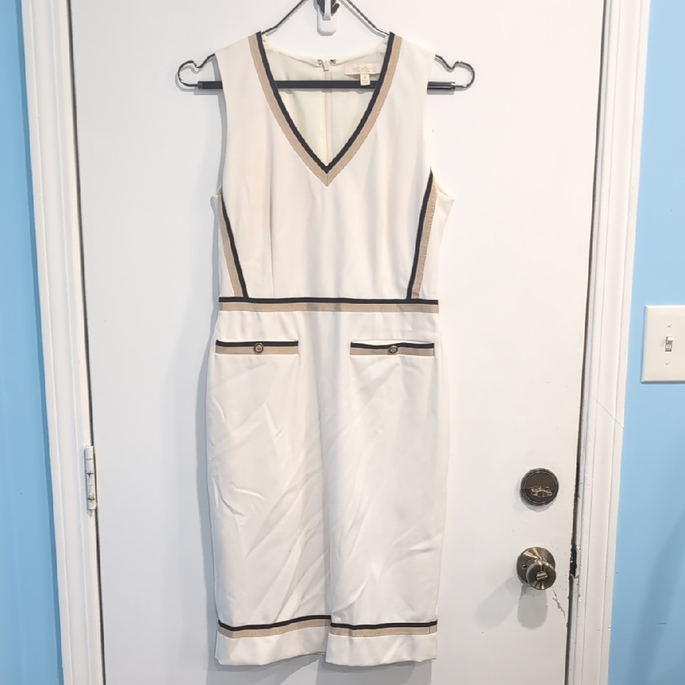 Etcetera V-Neck Sleeveless Dress Cream With Gold/Black Contrast Trim Size 4